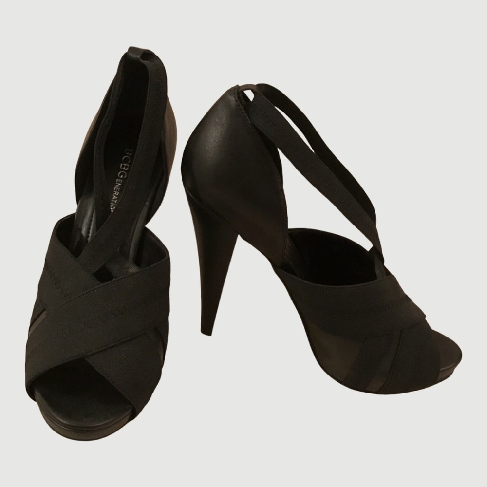 Bcbg  Women’s Black Open toe Leathers and Spandex heels Sz. 9 GUC (flaws)